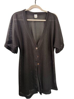 Dream Beach Black Mesh Button-Down Cover-Up Cardigan Large Made In USA
